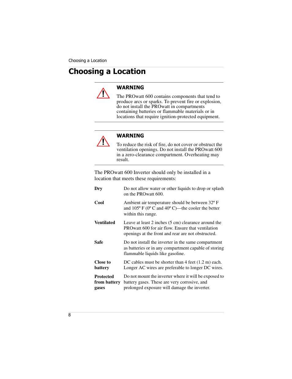 Choosing a location | Xantrex Technology PROwatt 600 User Manual | Page 23 / 66