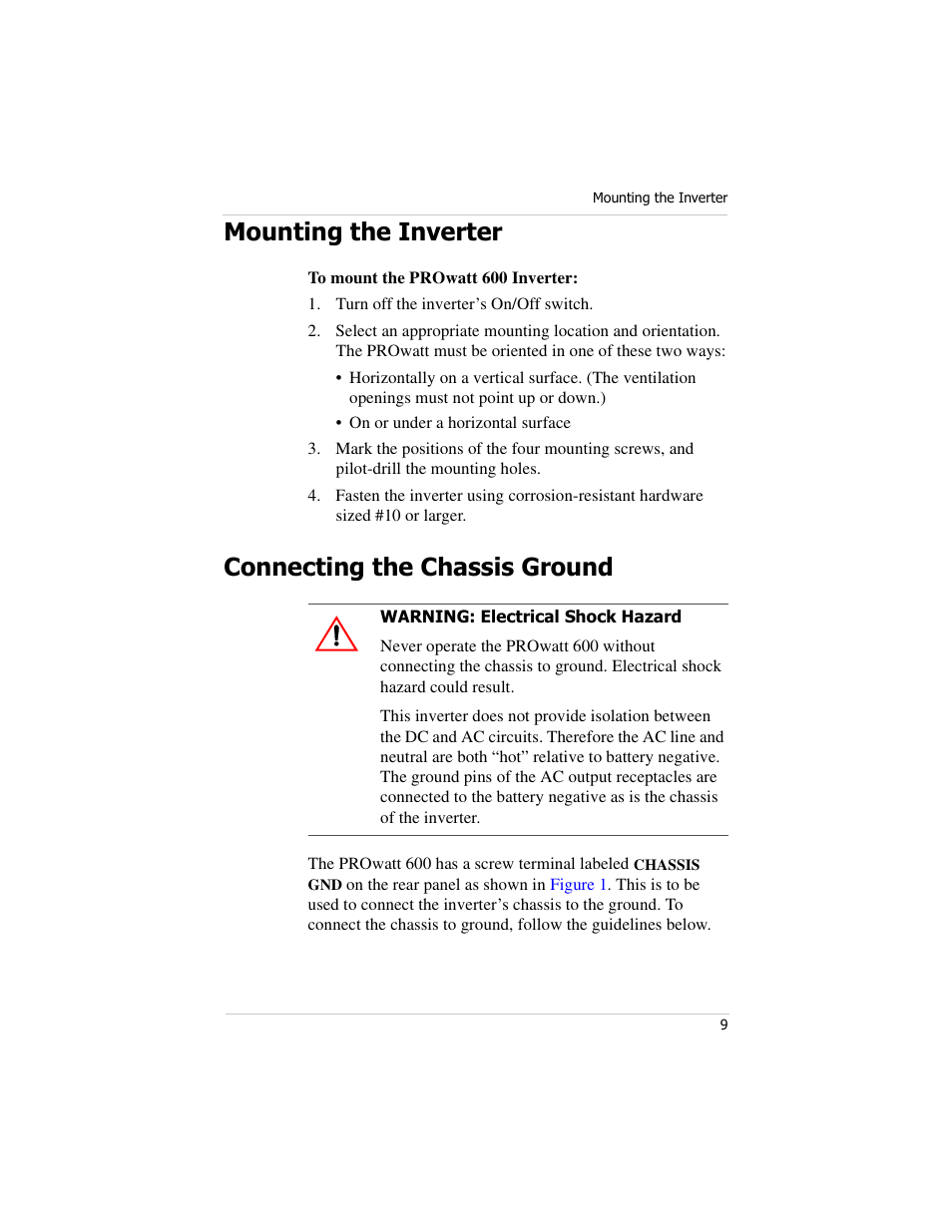 Mounting the inverter, Connecting the chassis ground | Xantrex Technology PROwatt 600 User Manual | Page 24 / 66