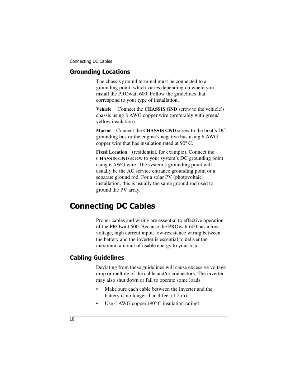 Grounding locations, Connecting dc cables, Cabling guidelines | Xantrex Technology PROwatt 600 User Manual | Page 25 / 66