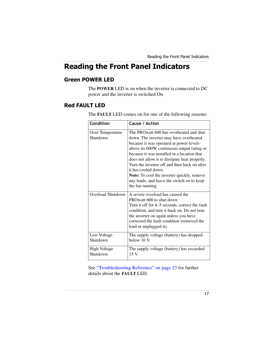 Reading the front panel indicators, Green power led, Red fault led | Green power led red fault led | Xantrex Technology PROwatt 600 User Manual | Page 32 / 66