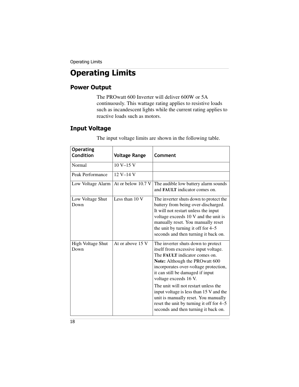 Operating limits, Power output, Input voltage | Power output input voltage | Xantrex Technology PROwatt 600 User Manual | Page 33 / 66