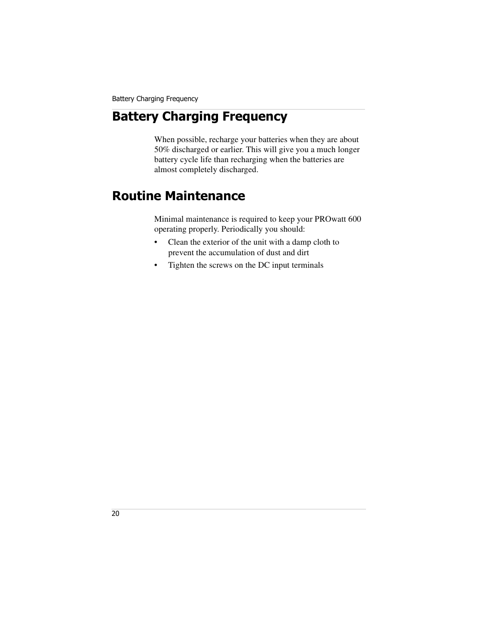 Battery charging frequency, Routine maintenance | Xantrex Technology PROwatt 600 User Manual | Page 35 / 66