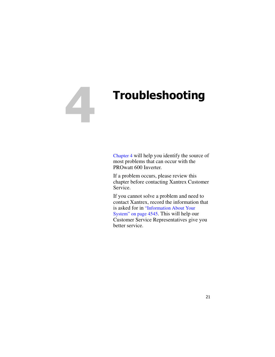 Troubleshooting, 4 troubleshooting | Xantrex Technology PROwatt 600 User Manual | Page 36 / 66