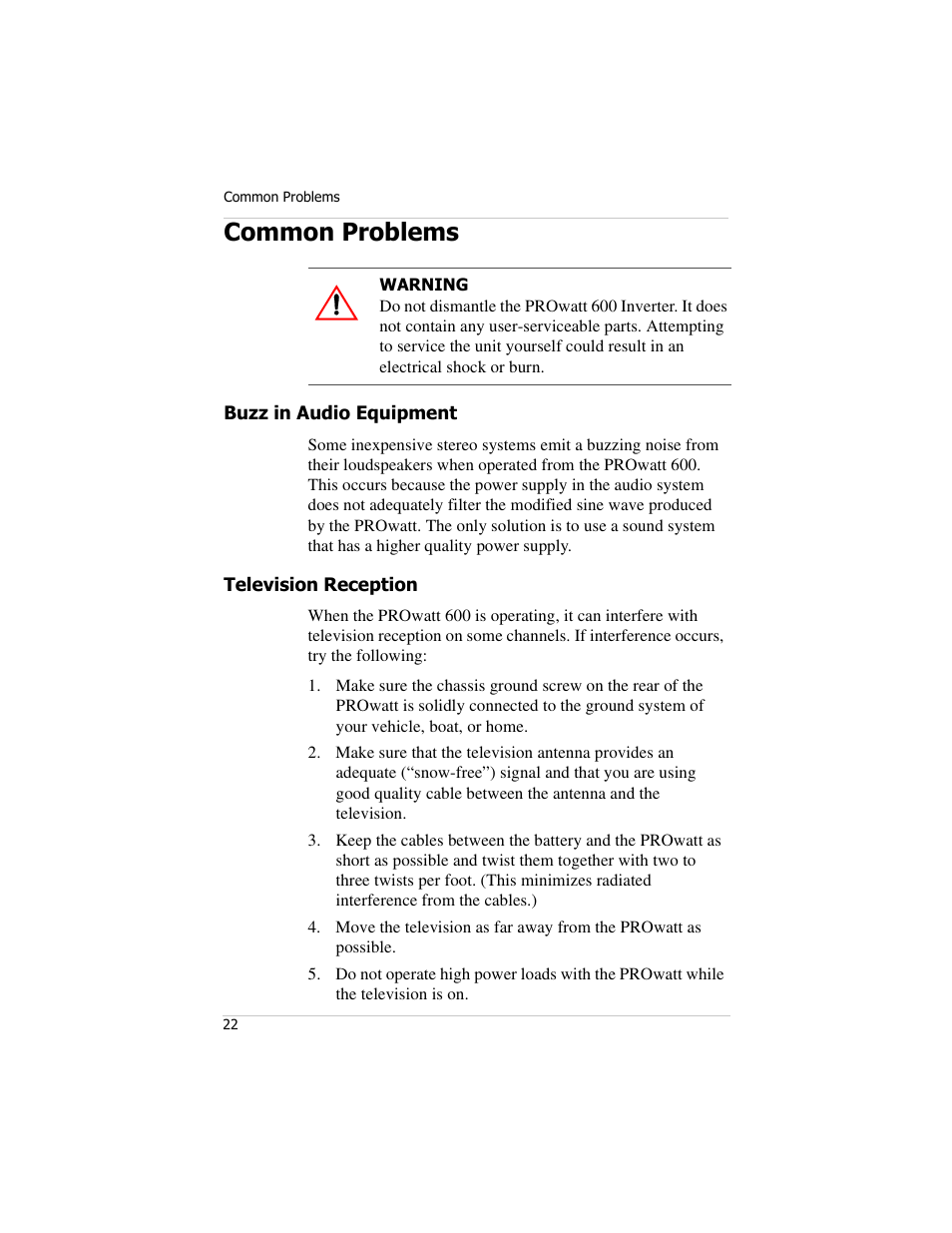 Common problems, Buzz in audio equipment, Television reception | Buzz in audio equipment television reception | Xantrex Technology PROwatt 600 User Manual | Page 37 / 66