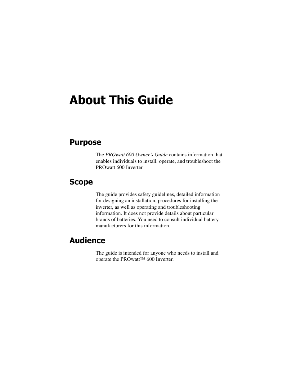 About this guide | Xantrex Technology PROwatt 600 User Manual | Page 4 / 66