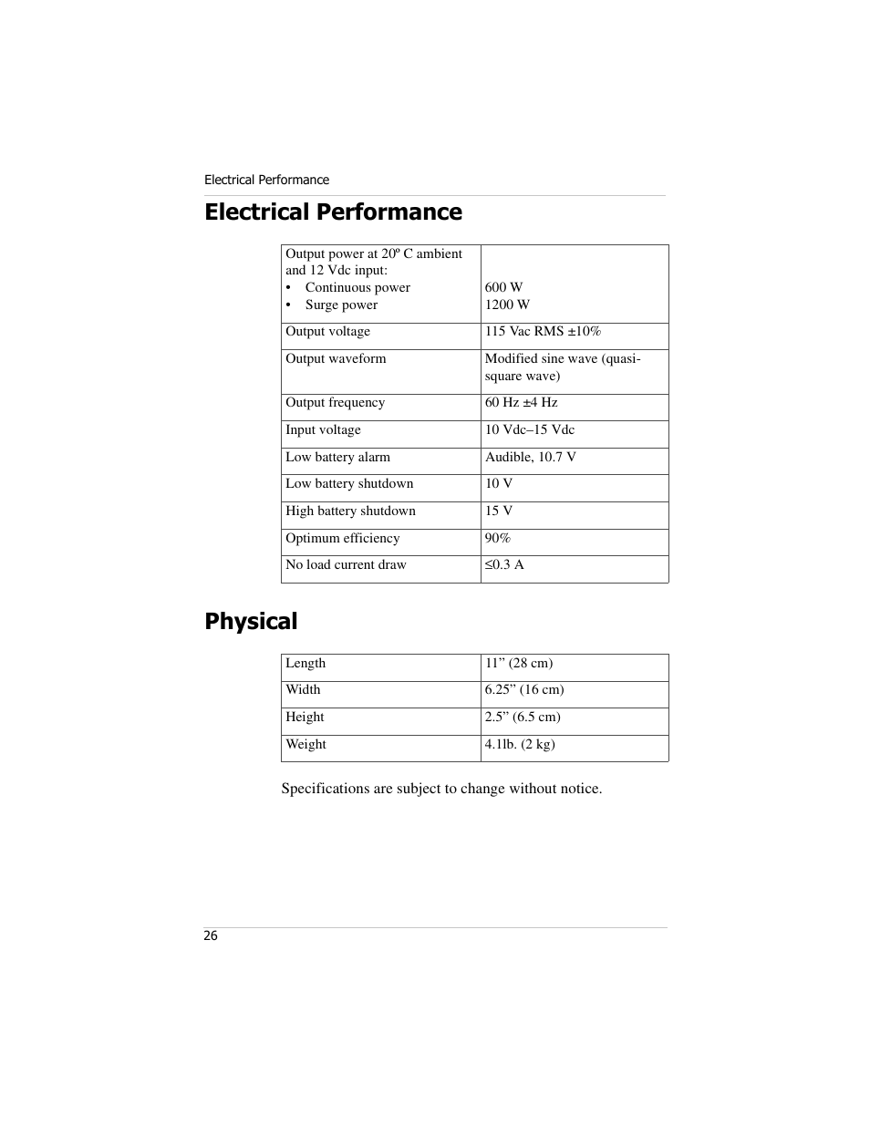 Electrical performance, Physical, Electrical performance physical | Xantrex Technology PROwatt 600 User Manual | Page 41 / 66