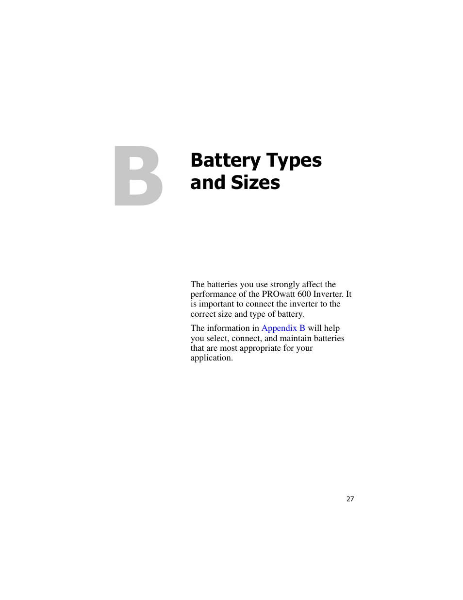 Battery types and sizes, Appendix b “battery types and sizes | Xantrex Technology PROwatt 600 User Manual | Page 42 / 66