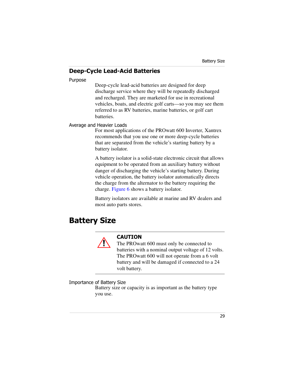 Deep-cycle lead-acid batteries, Battery size | Xantrex Technology PROwatt 600 User Manual | Page 44 / 66