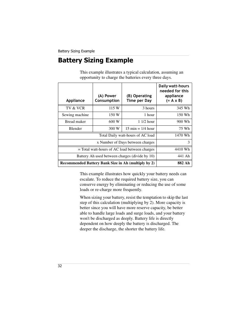 Battery sizing example, Battery | Xantrex Technology PROwatt 600 User Manual | Page 47 / 66