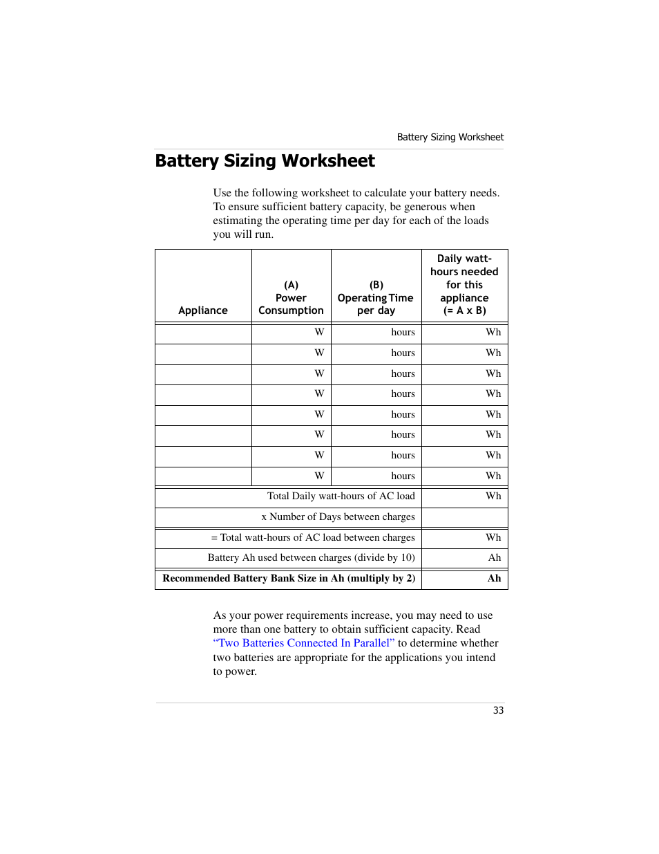 Battery sizing worksheet, Battery | Xantrex Technology PROwatt 600 User Manual | Page 48 / 66