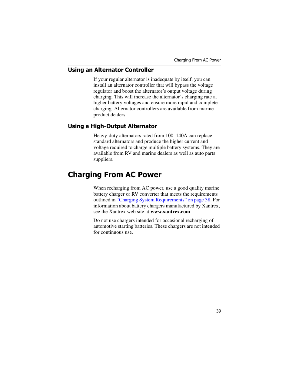 Using an alternator controller, Using a high-output alternator, Charging from ac power | Xantrex Technology PROwatt 600 User Manual | Page 54 / 66