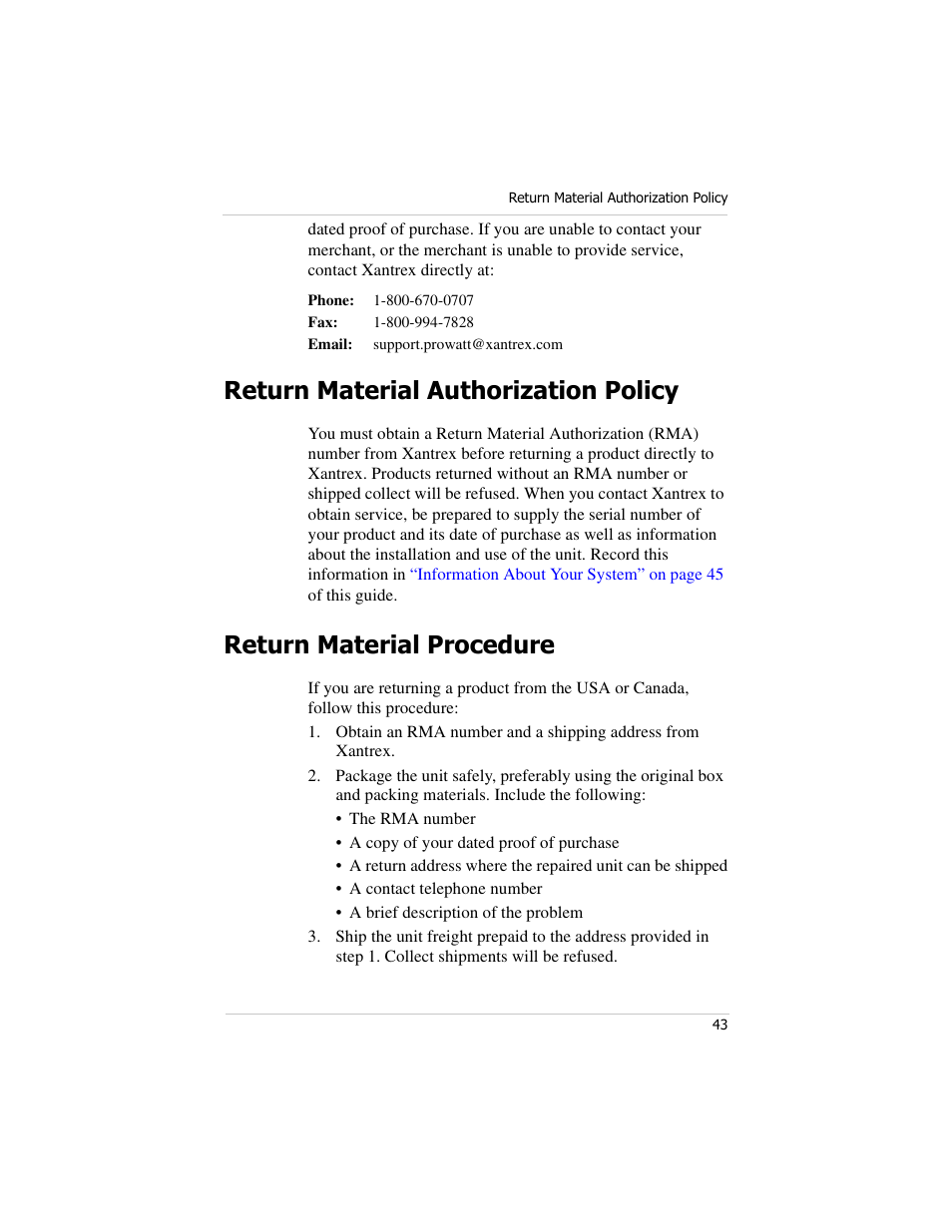 Return material authorization policy, Return material procedure, Return | Xantrex Technology PROwatt 600 User Manual | Page 58 / 66
