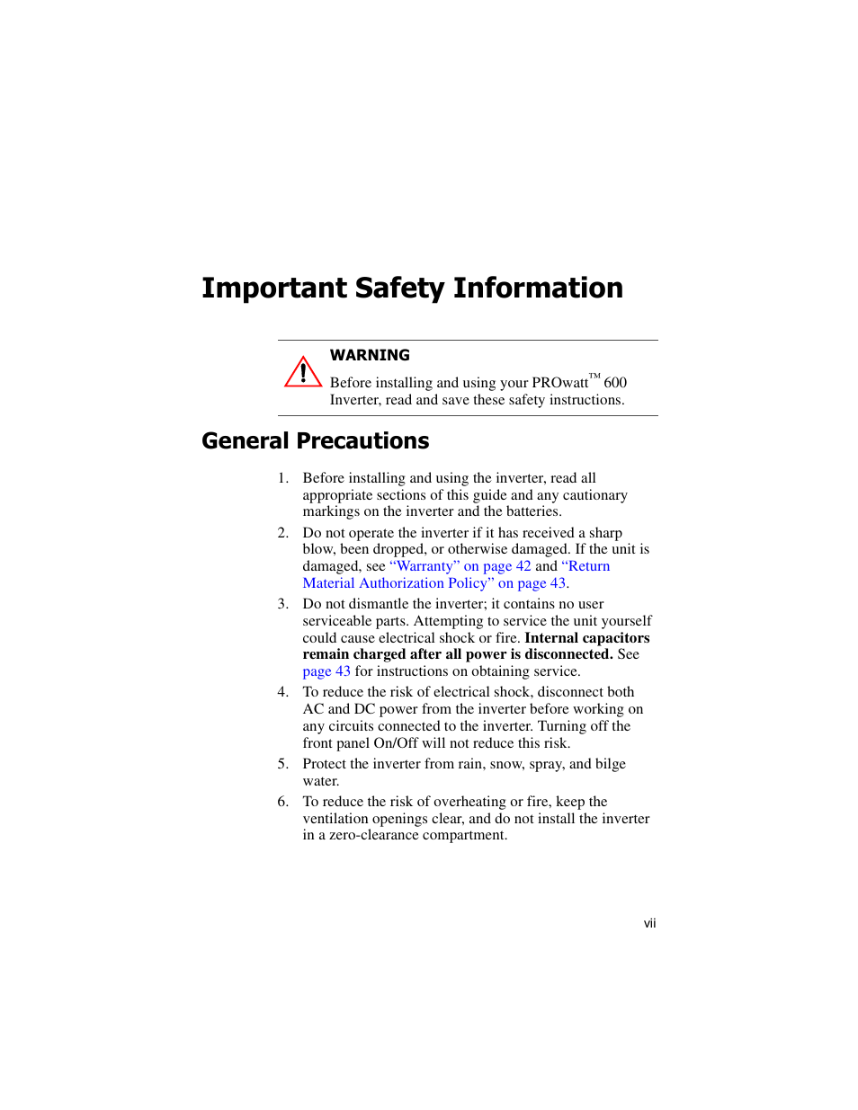 Important safety information, General precautions | Xantrex Technology PROwatt 600 User Manual | Page 8 / 66