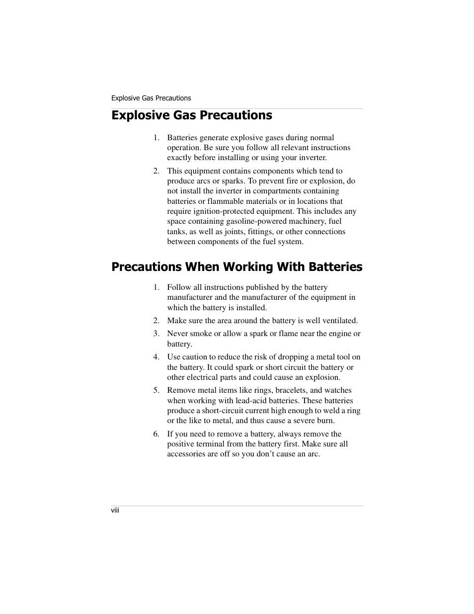 Explosive gas precautions, Precautions when working with batteries | Xantrex Technology PROwatt 600 User Manual | Page 9 / 66