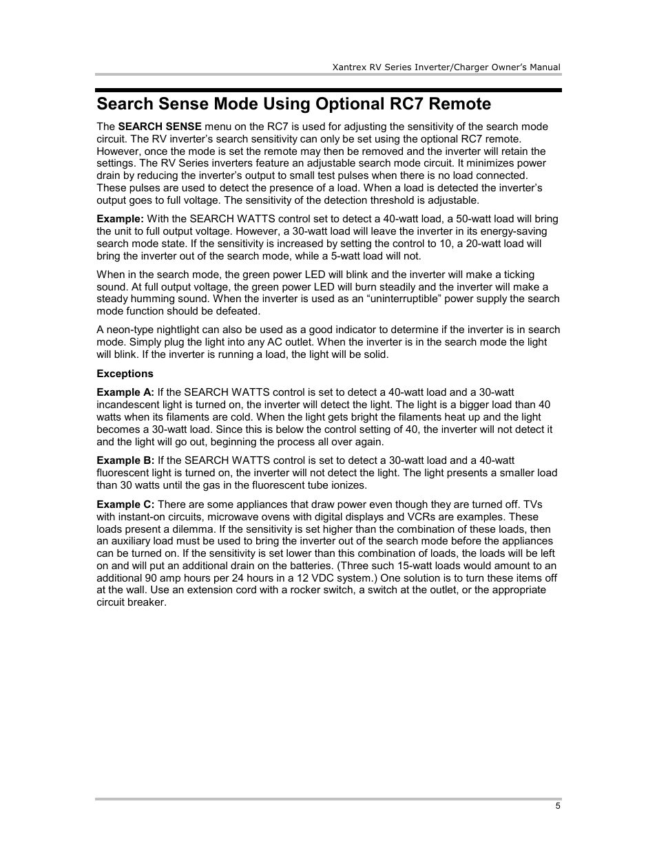 Search sense mode using optional rc7 remote | Xantrex Technology RV2012 User Manual | Page 10 / 44