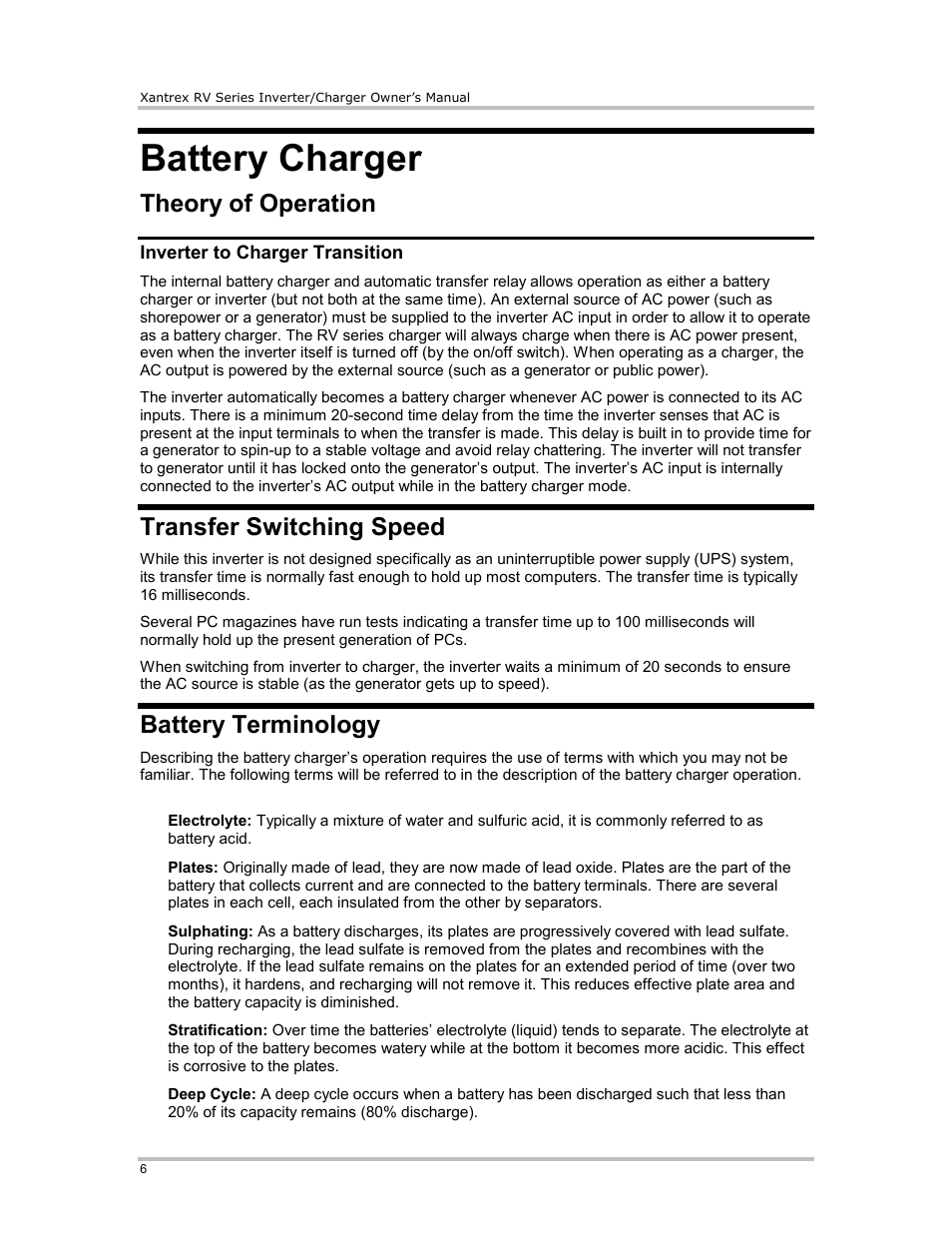 Battery charger, Theory of operation, Inverter to charger transition | Transfer switching speed, Battery terminology | Xantrex Technology RV2012 User Manual | Page 11 / 44
