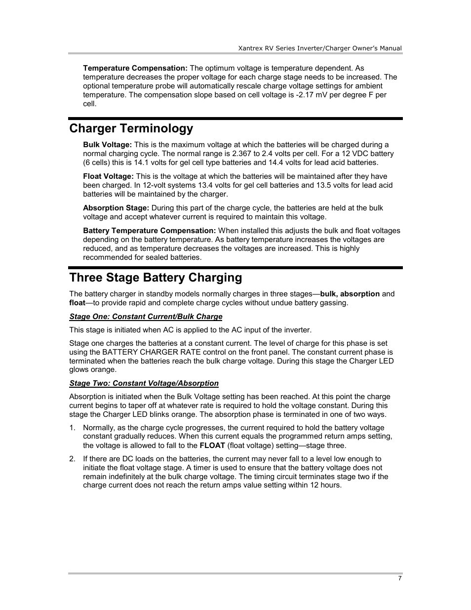 Charger terminology, Three stage battery charging | Xantrex Technology RV2012 User Manual | Page 12 / 44