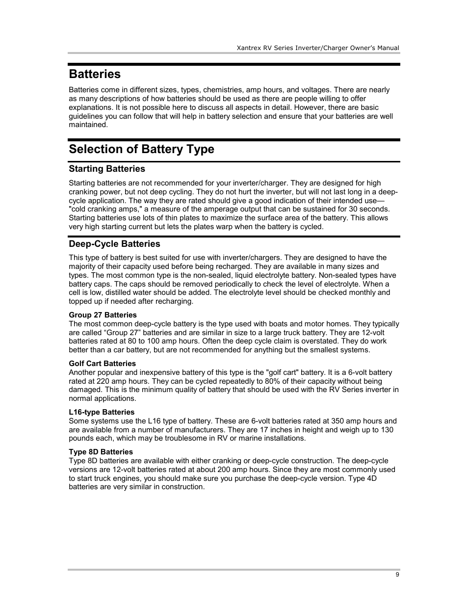 Batteries, Selection of battery type, Starting batteries | Deep-cycle batteries, Golf cart batteries, L16-type batteries, Type 8d batteries | Xantrex Technology RV2012 User Manual | Page 14 / 44