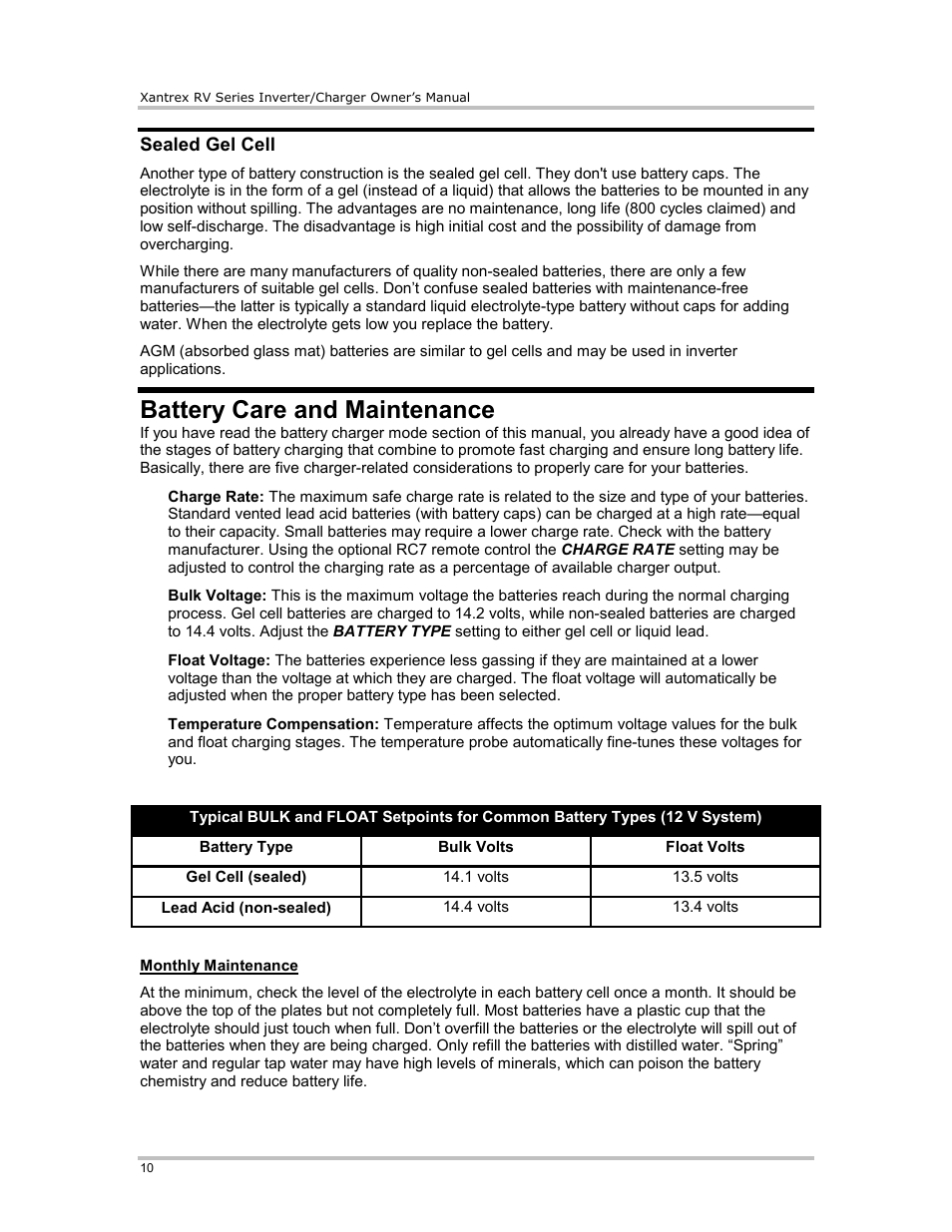 Sealed gel cell, Battery care and maintenance | Xantrex Technology RV2012 User Manual | Page 15 / 44