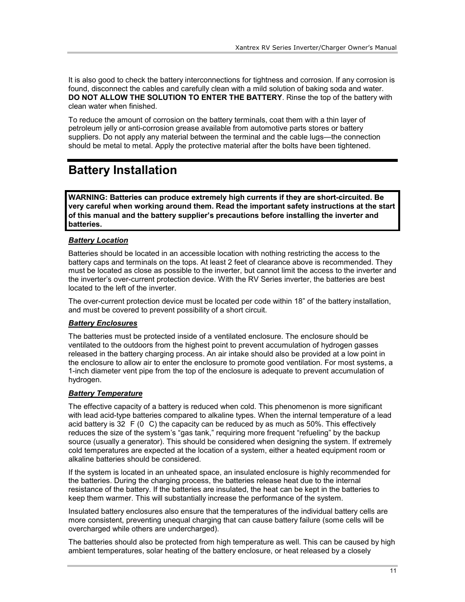 Battery installation | Xantrex Technology RV2012 User Manual | Page 16 / 44