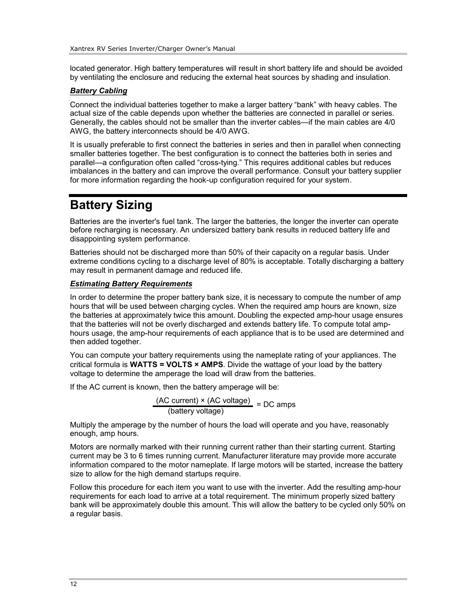 Battery sizing | Xantrex Technology RV2012 User Manual | Page 17 / 44