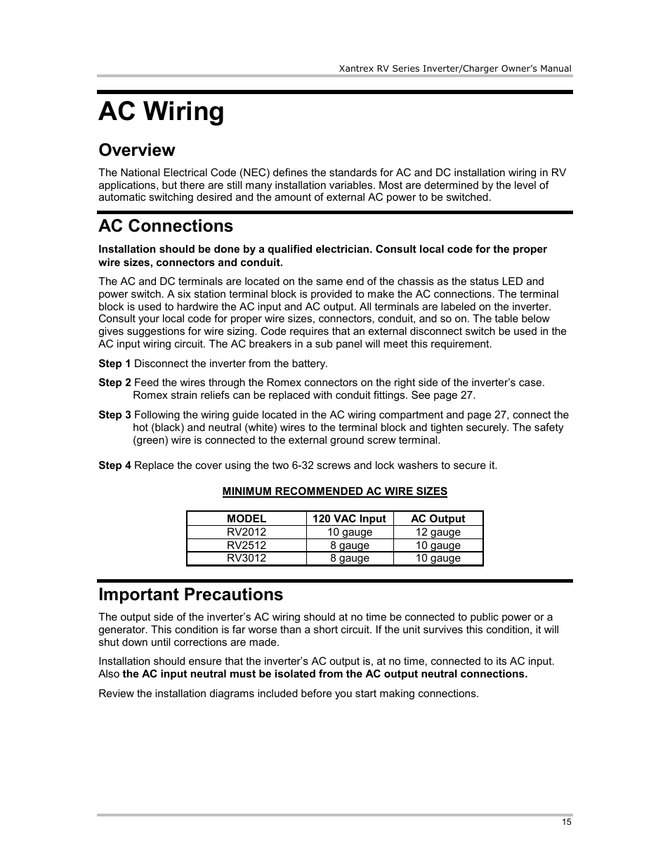 Ac wiring, Overview, Ac connections | 120 vac input, Ac output, Important precautions | Xantrex Technology RV2012 User Manual | Page 20 / 44