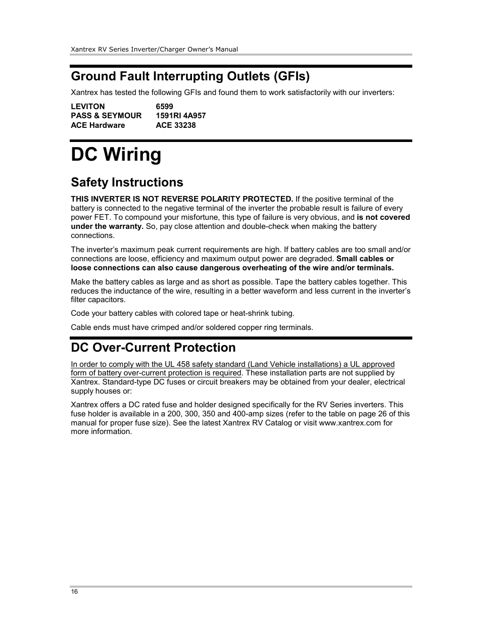 Ground fault interrupting outlets (gfis), Dc wiring, Safety instructions | Dc over-current protection | Xantrex Technology RV2012 User Manual | Page 21 / 44