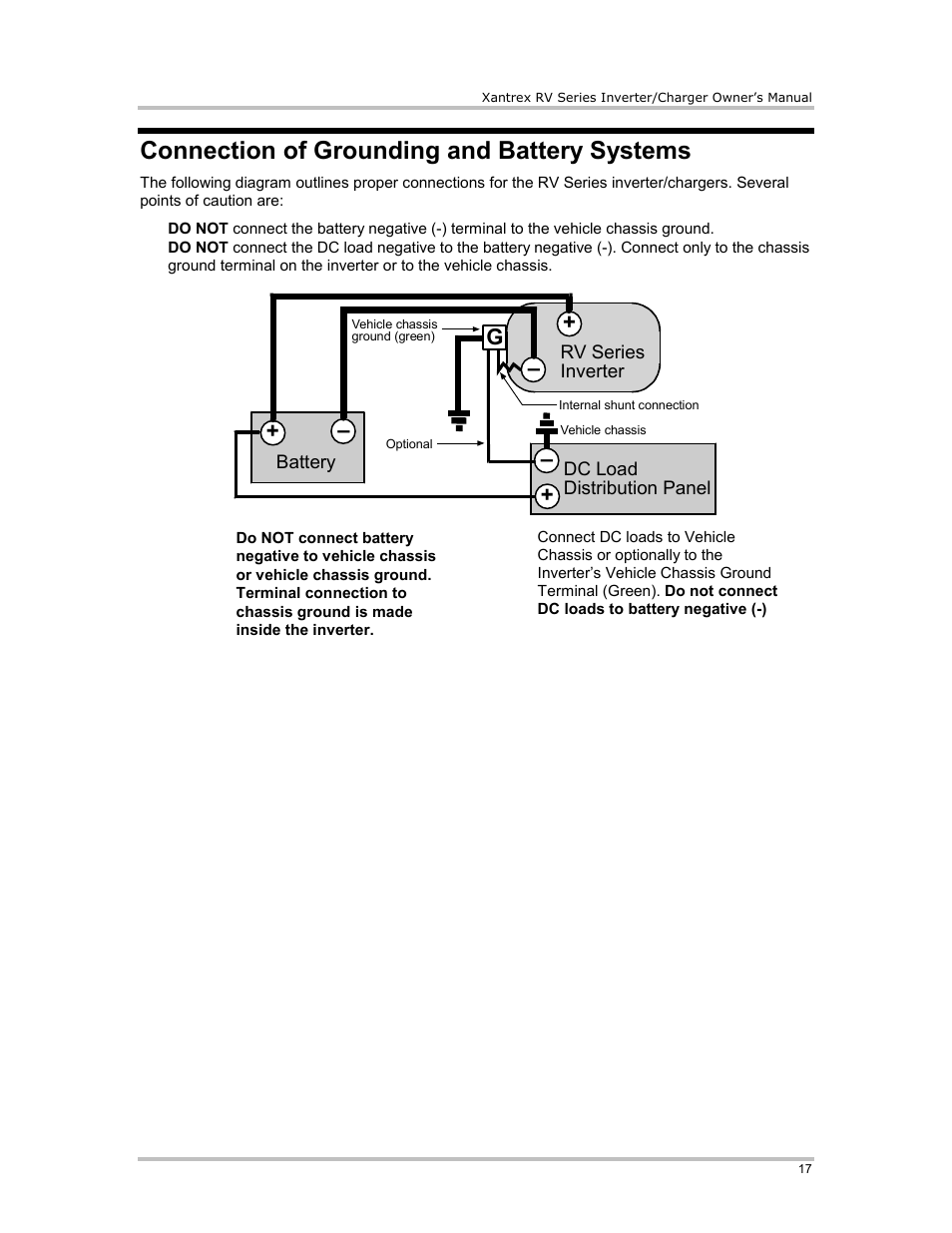 Connection of grounding and battery systems | Xantrex Technology RV2012 User Manual | Page 22 / 44