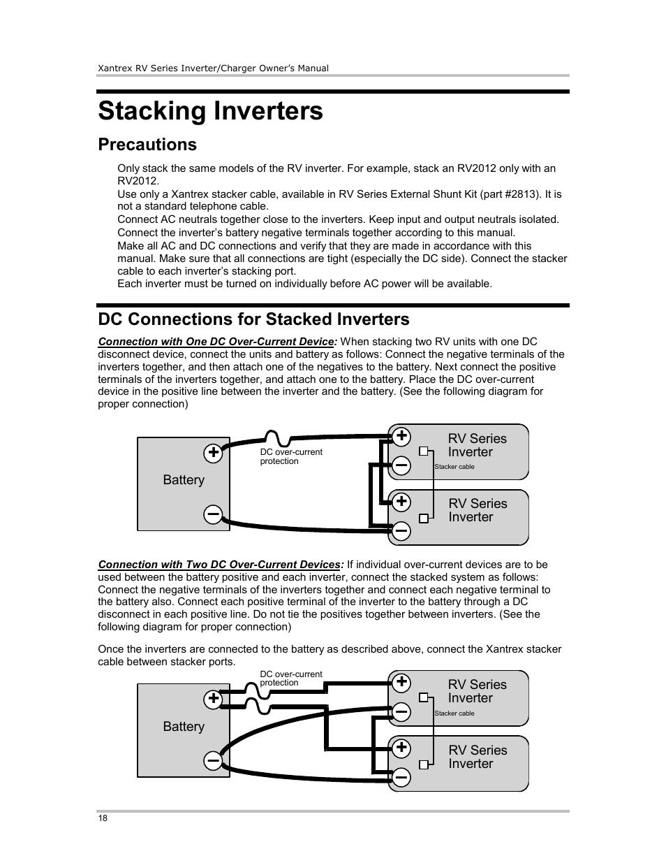 Stacking inverters, Precautions, Dc connections for stacked inverters | Xantrex Technology RV2012 User Manual | Page 23 / 44