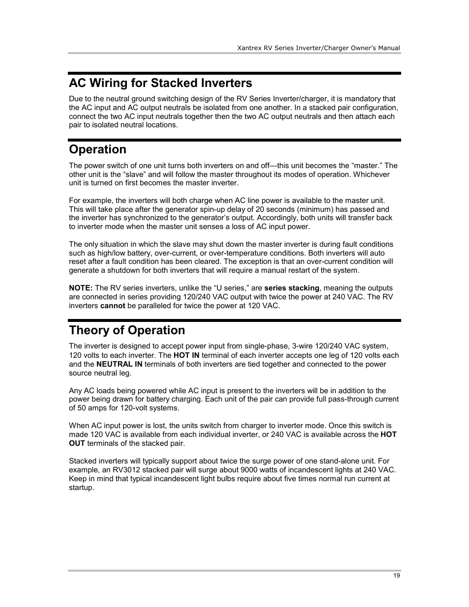 Ac wiring for stacked inverters, Operation, Theory of operation | Xantrex Technology RV2012 User Manual | Page 24 / 44