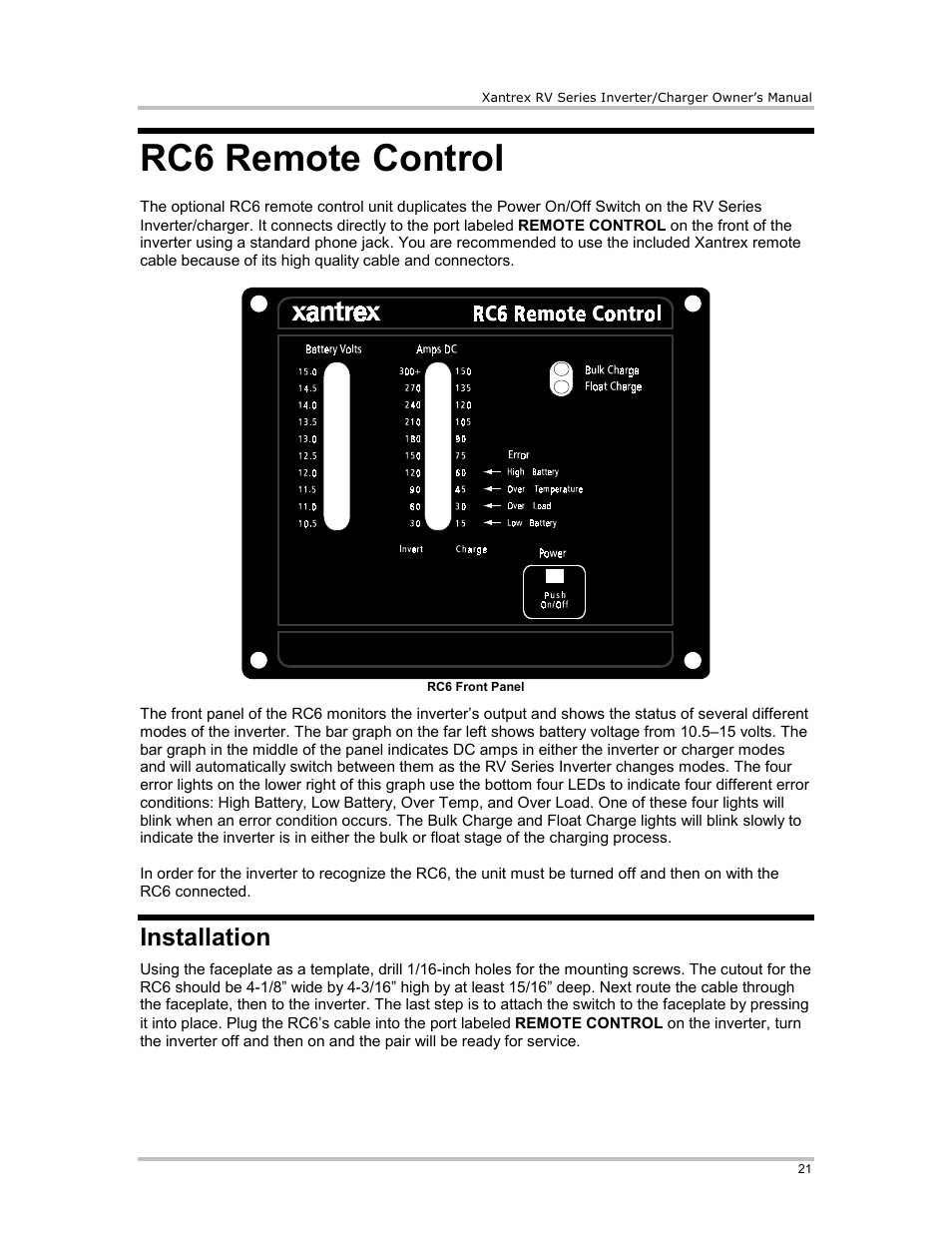 Rc6 remote control, Rc6 front panel, Installation | Xantrex Technology RV2012 User Manual | Page 26 / 44