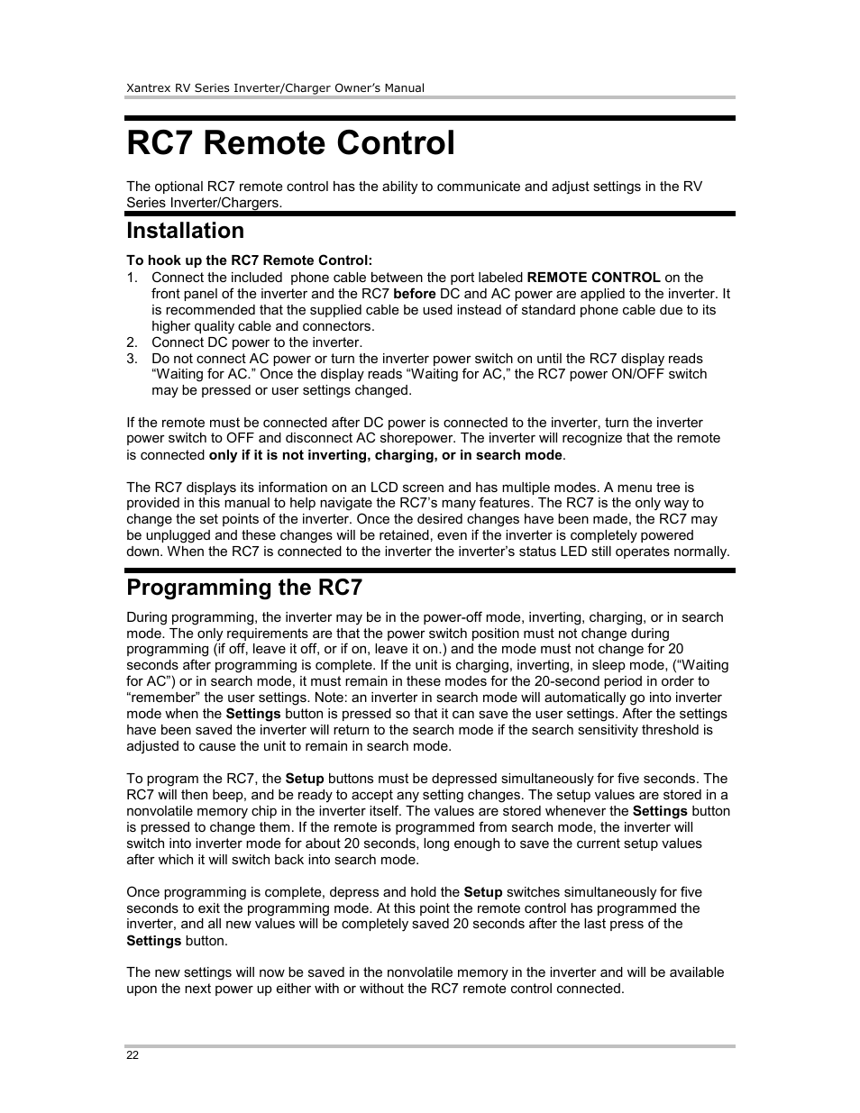 Rc7 remote control, Installation, Programming the rc7 | Xantrex Technology RV2012 User Manual | Page 27 / 44