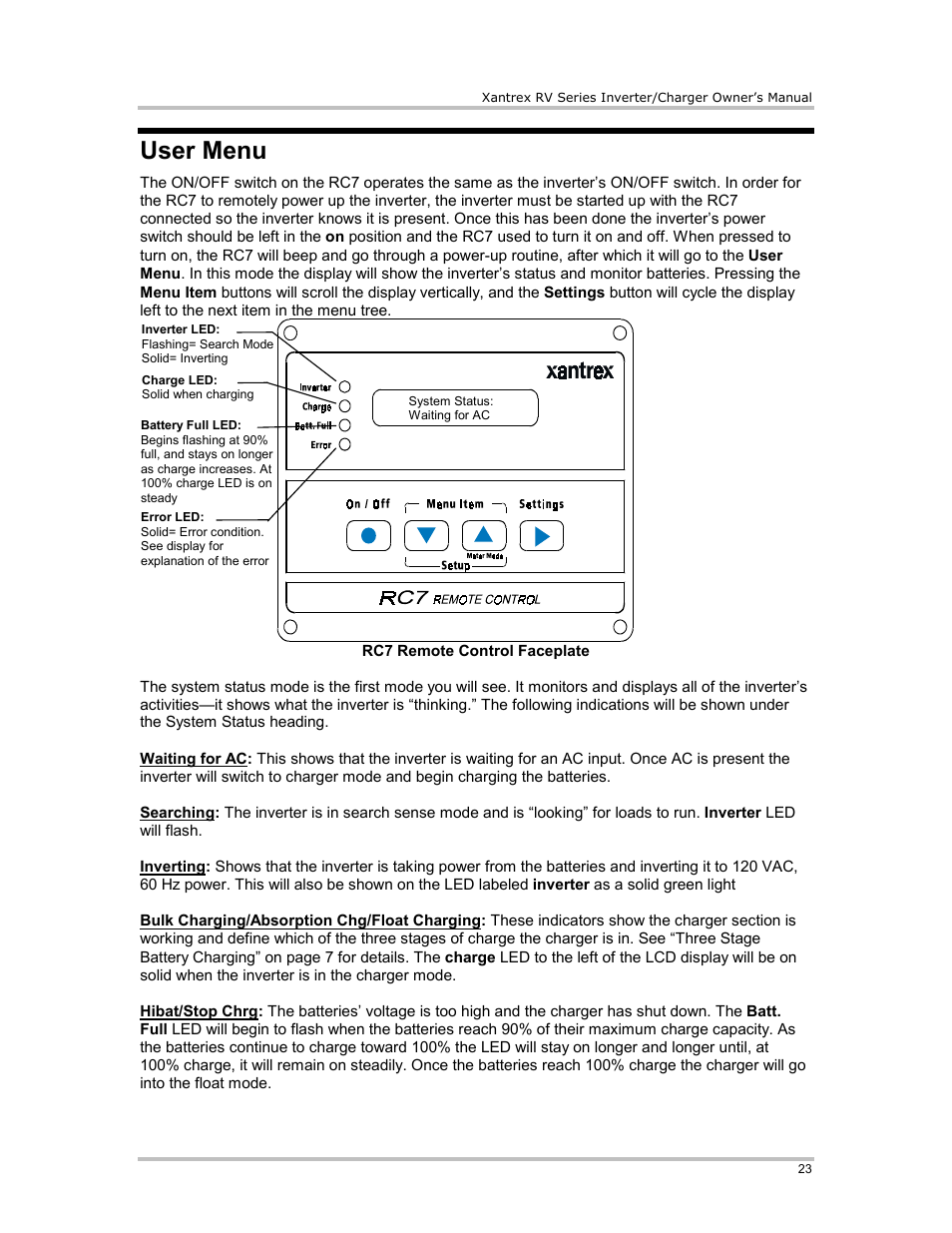 User menu, Rc7 remote control faceplate | Xantrex Technology RV2012 User Manual | Page 28 / 44