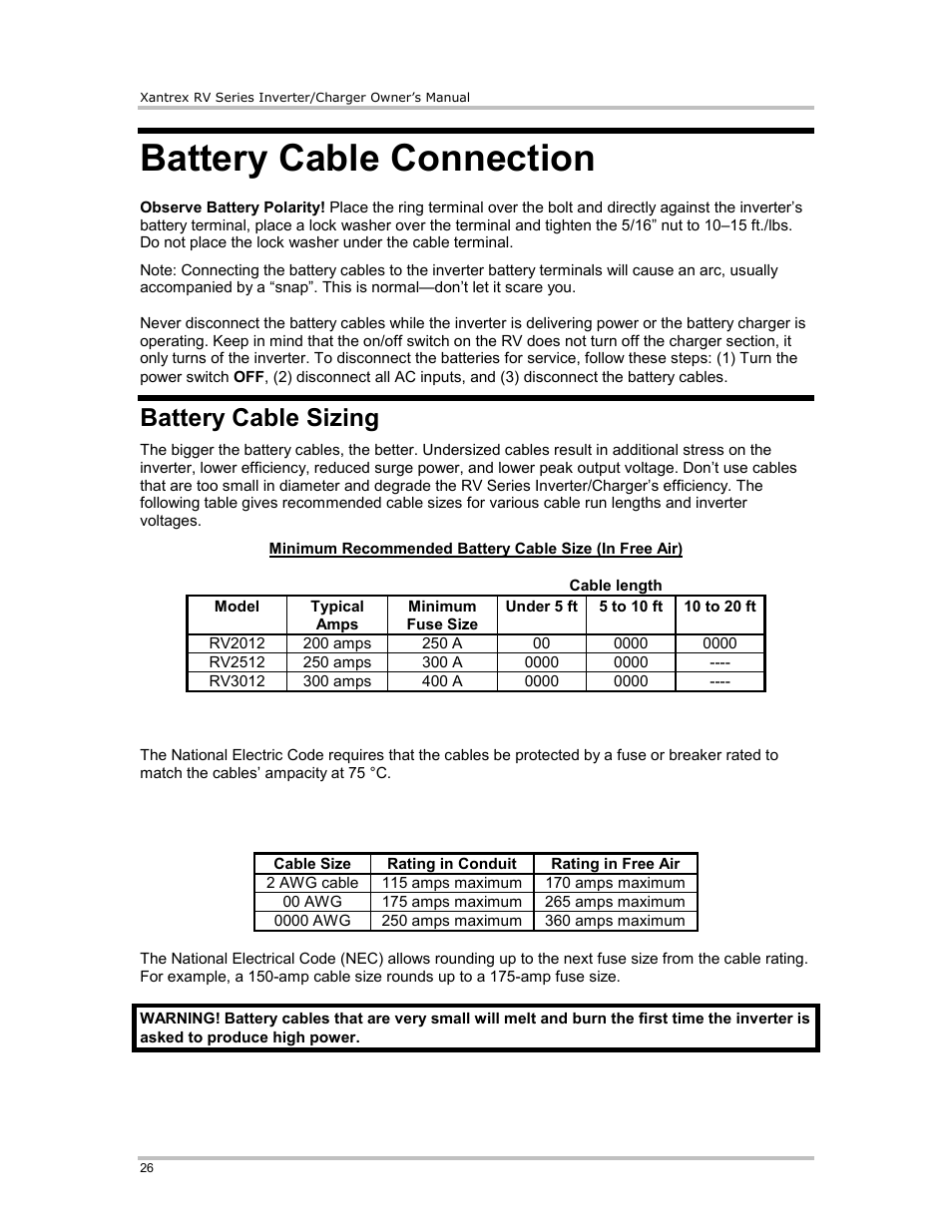 Battery cable connection, Battery cable sizing | Xantrex Technology RV2012 User Manual | Page 31 / 44