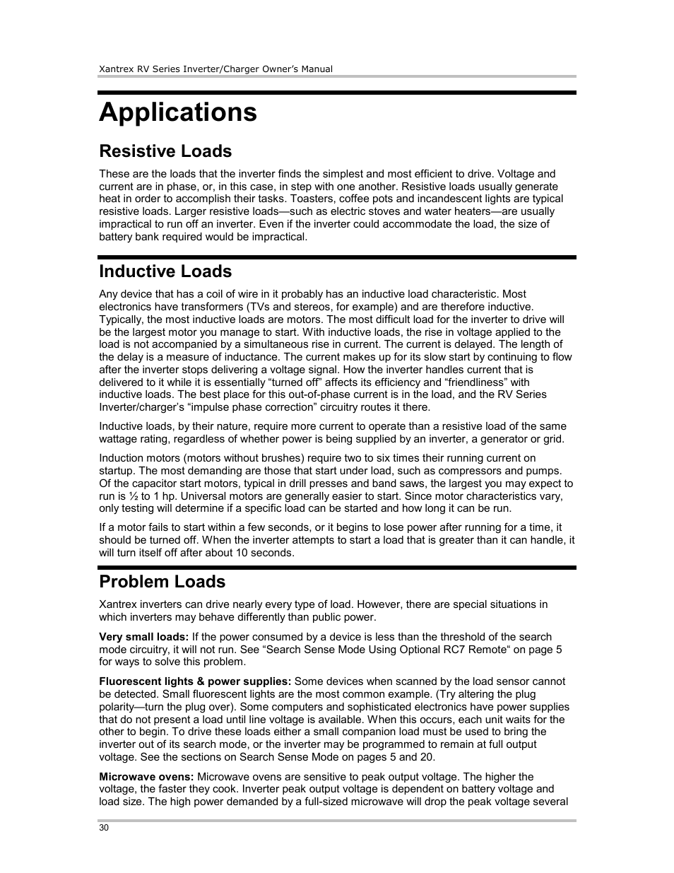 Resistive loads, Inductive loads, Problem loads | Applications | Xantrex Technology RV2012 User Manual | Page 35 / 44