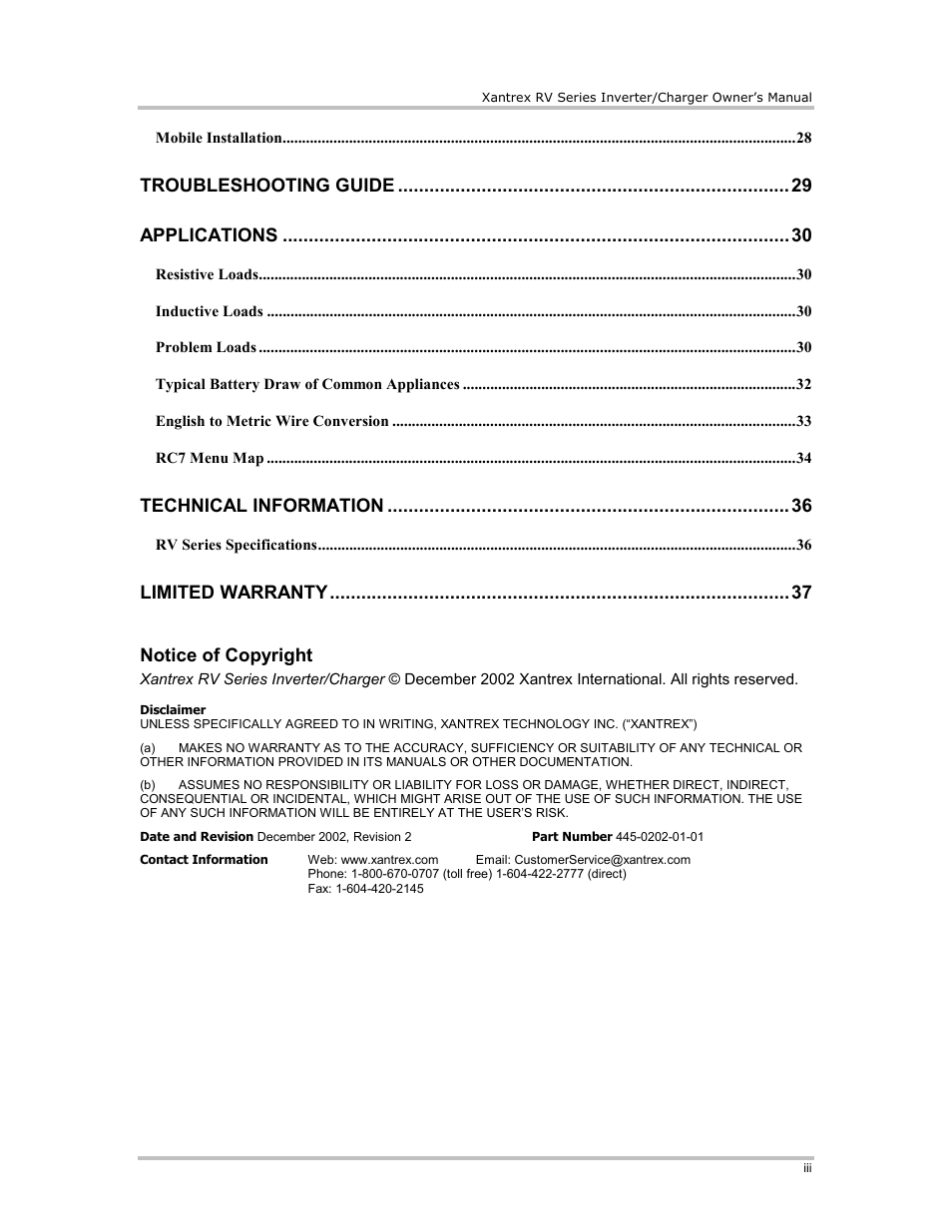 Troubleshooting guide applications, Technical information, Limited warranty notice of copyright | Xantrex Technology RV2012 User Manual | Page 4 / 44