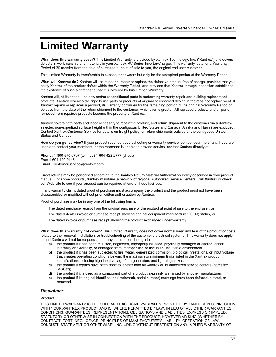 Limited warranty, Product | Xantrex Technology RV2012 User Manual | Page 42 / 44