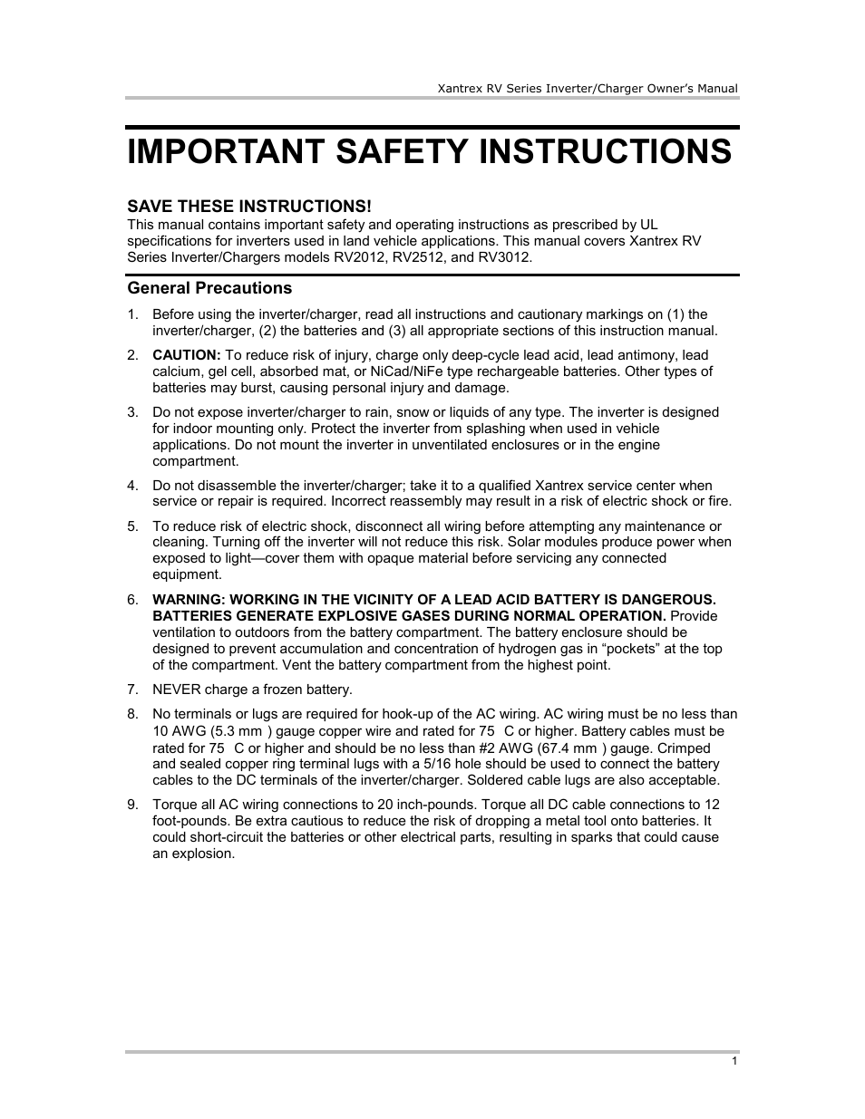 Important safety instructions, General precautions | Xantrex Technology RV2012 User Manual | Page 6 / 44