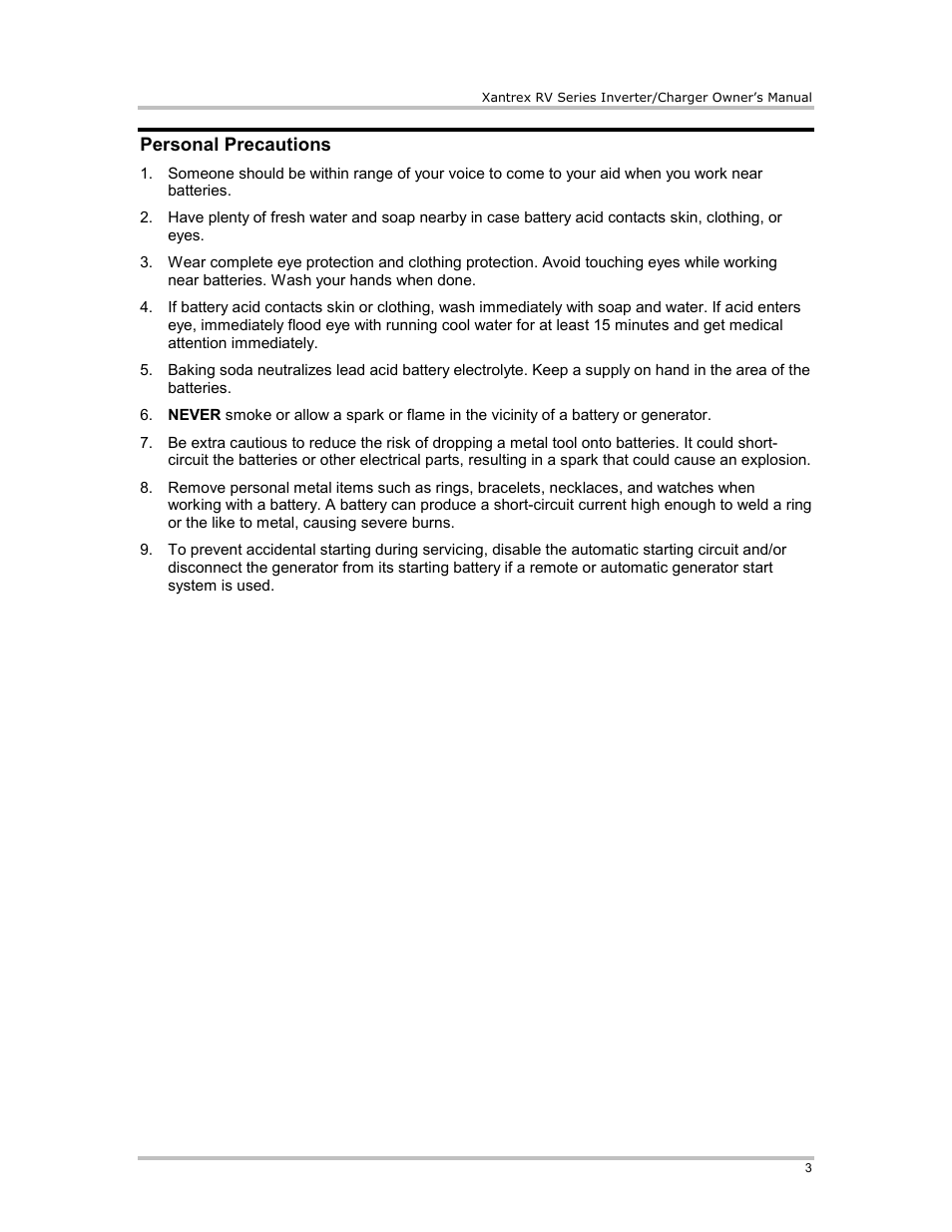 Personal precautions | Xantrex Technology RV2012 User Manual | Page 8 / 44