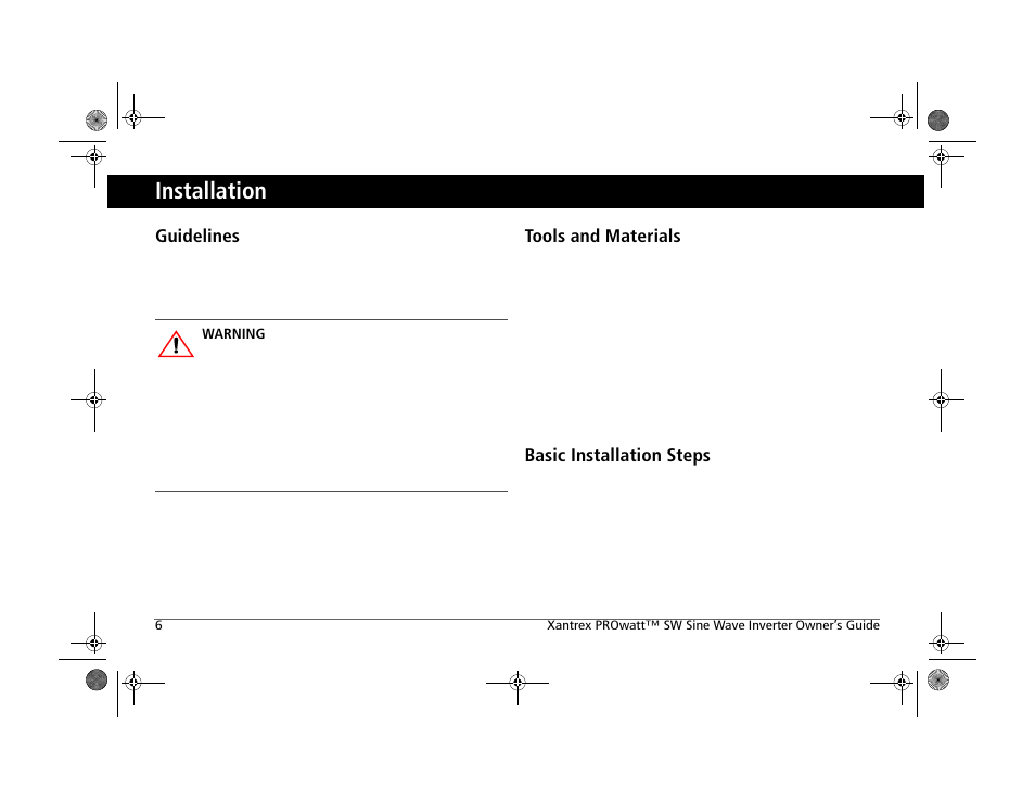 Installation, Guidelines, Tools and materials | Basic installation steps | Xantrex Technology PROWATT SW SW 2000 User Manual | Page 16 / 38