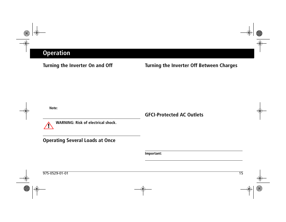 Operation, Turning the inverter on and off, Operating several loads at once | Turning the inverter off between charges, Gfci-protected ac outlets | Xantrex Technology PROWATT SW SW 2000 User Manual | Page 25 / 38