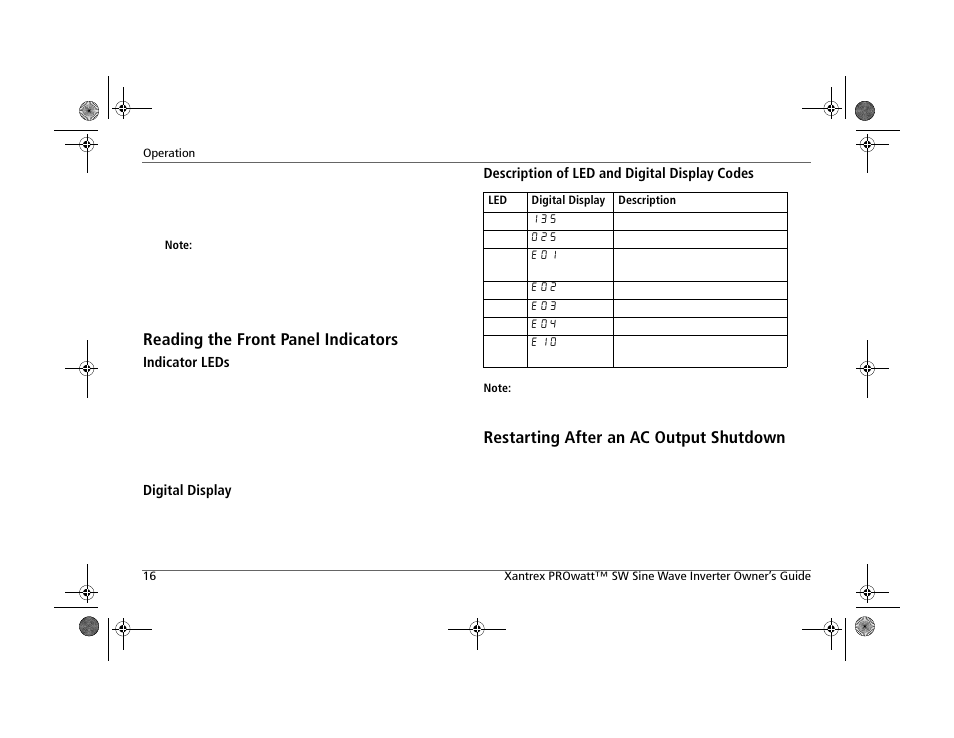 Reading the front panel indicators, Restarting after an ac output shutdown | Xantrex Technology PROWATT SW SW 2000 User Manual | Page 26 / 38