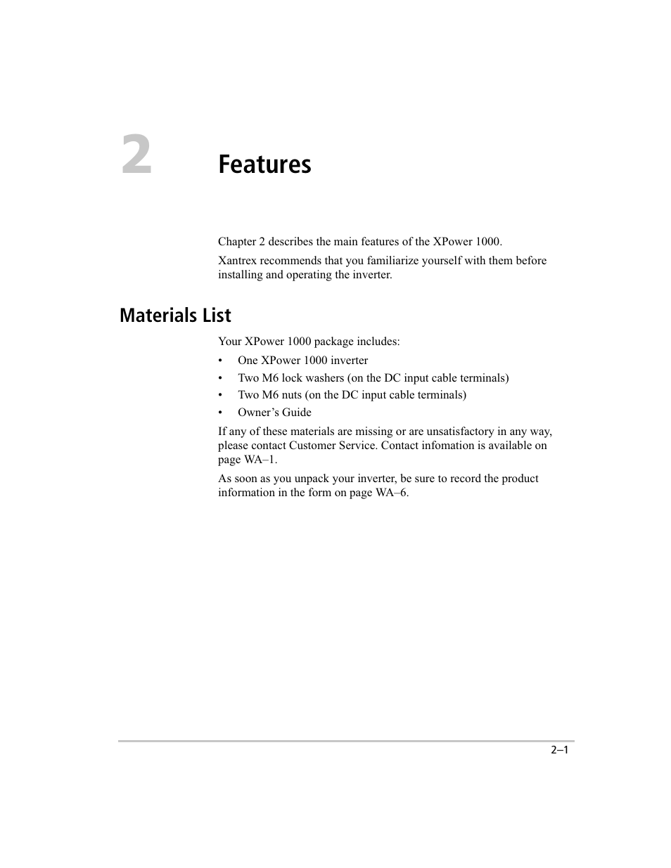 Supplied accessories, Features, Materials list | Xantrex Technology 1000 User Manual | Page 16 / 66