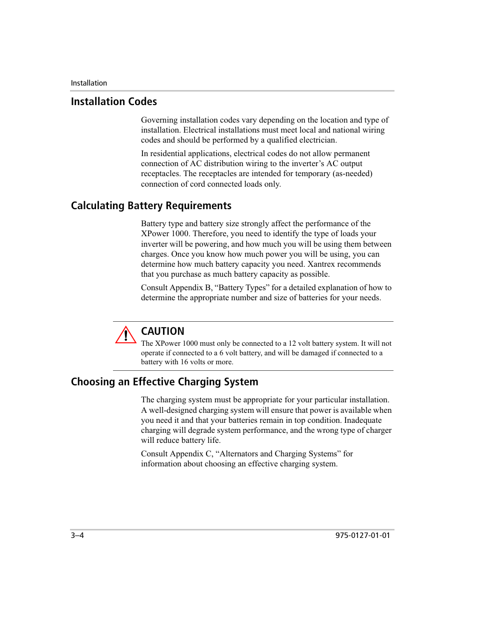 Installation codes, Calculating battery requirements, Choosing an effective charging system | Xantrex Technology 1000 User Manual | Page 23 / 66