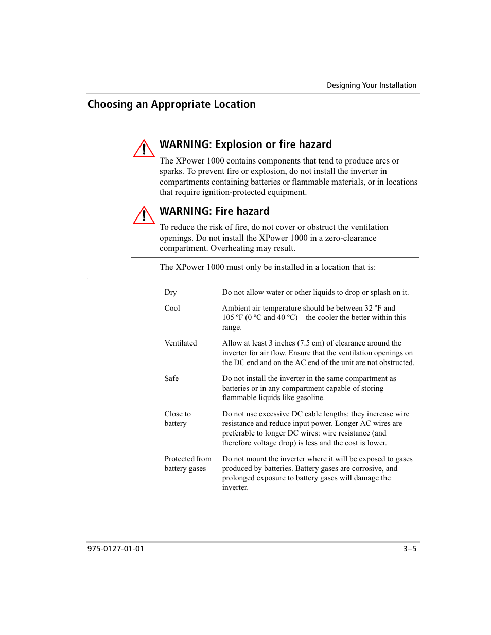 Choosing an appropriate location, Warning: explosion or fire hazard, Warning: fire hazard | Xantrex Technology 1000 User Manual | Page 24 / 66