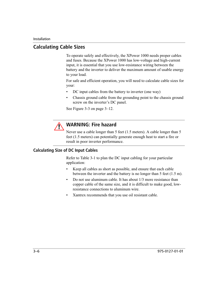 Calculating cable sizes, Warning: fire hazard | Xantrex Technology 1000 User Manual | Page 25 / 66