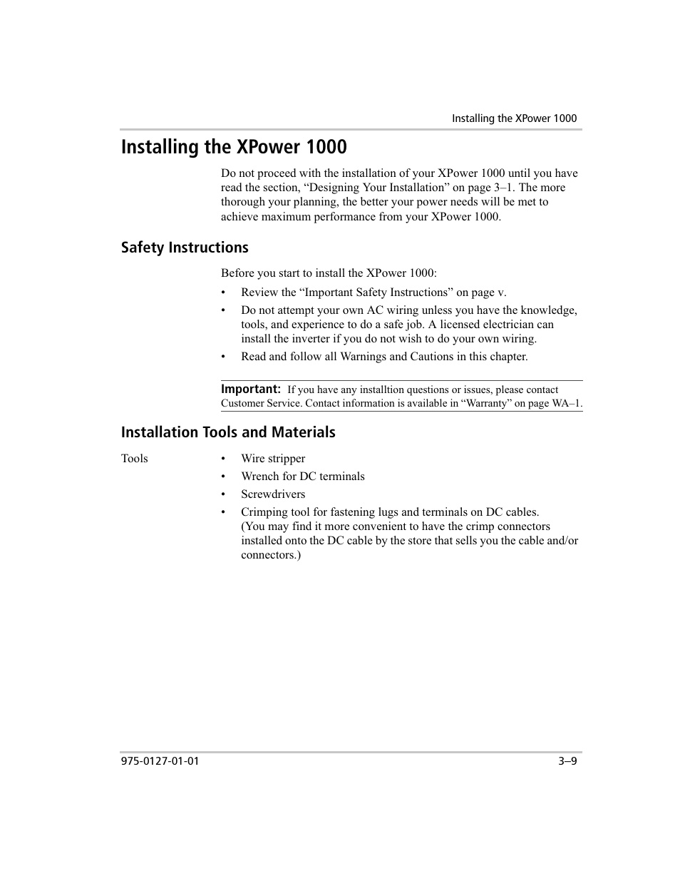 Installation, Required tools, Installing the xpower 1000 | Safety instructions, Installation tools and materials | Xantrex Technology 1000 User Manual | Page 28 / 66