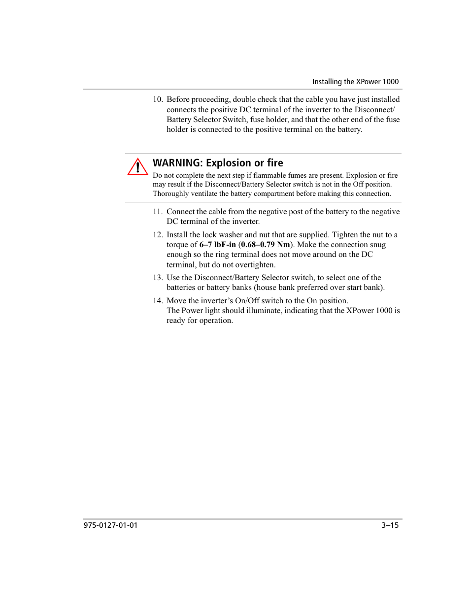 Warning: explosion or fire | Xantrex Technology 1000 User Manual | Page 34 / 66