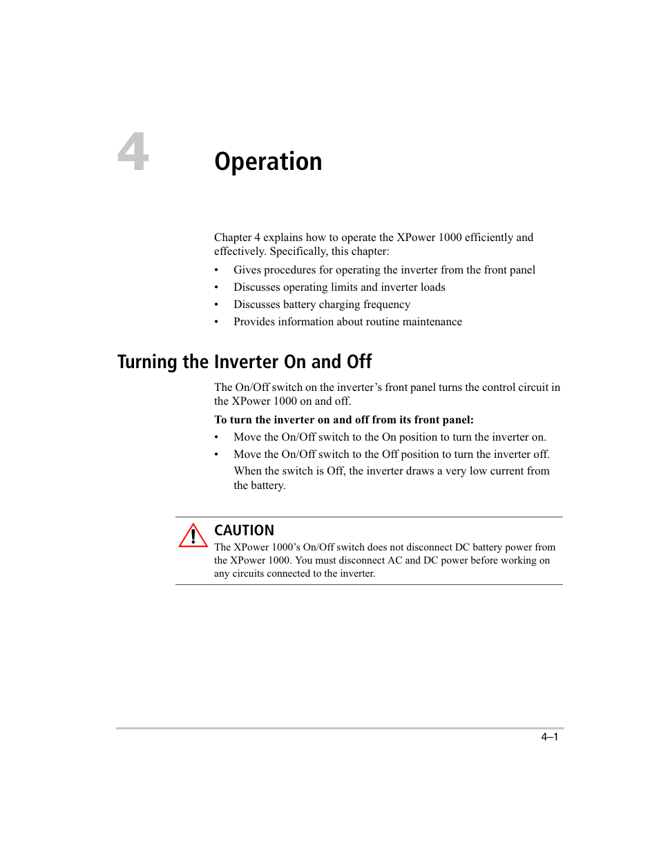 Operation, Turning the inverter on / off, Turning the inverter on and off | Xantrex Technology 1000 User Manual | Page 36 / 66