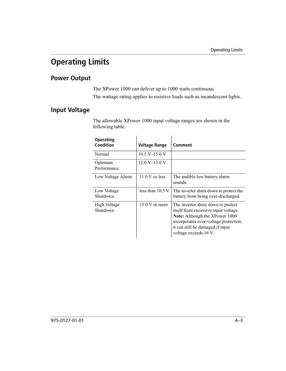 Operating limits, Power output, Input voltage | Xantrex Technology 1000 User Manual | Page 38 / 66